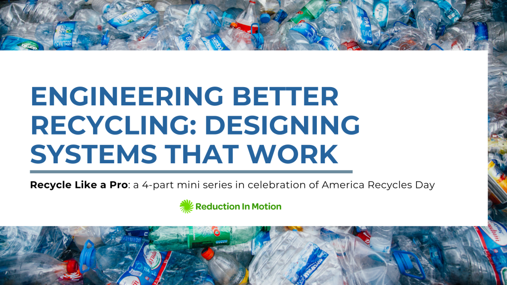 Mixed recyclables in the background behind the title of the blog: Engineering Better Recycling