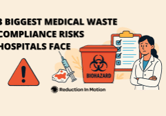 Illustrated graphic titled “Three Medical Waste Compliance Risks” showing a red biohazard waste bin, a syringe and blood-stained gauze, a warning triangle, and a clipboard checklist. A concerned healthcare worker in a lab coat stands beside the items. The Reduction In Motion logo appears at the bottom on a light background.